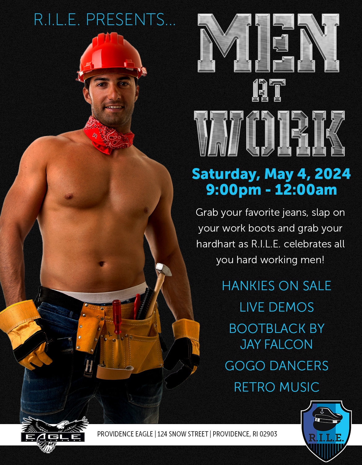 RILE Presents Men at Work with Hankies for sale, boot black by jay falcon, gogo dancers and retro music